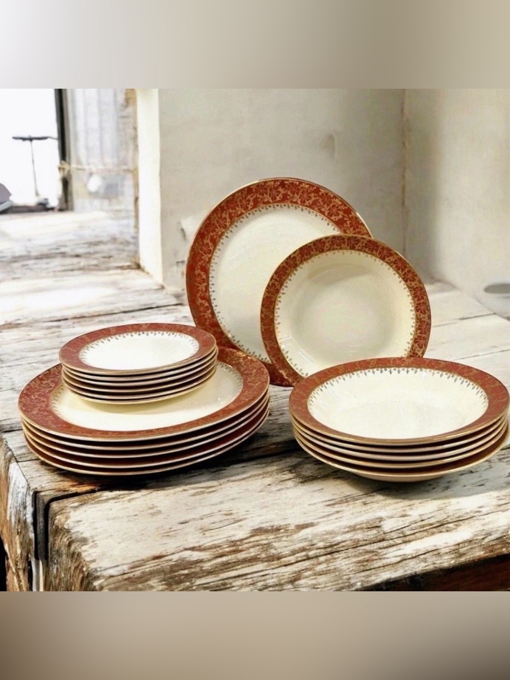Vintage Taylor Smith Taylor TS&T 18 Pc Dinnerware Set Red Gold Service for 6 USA